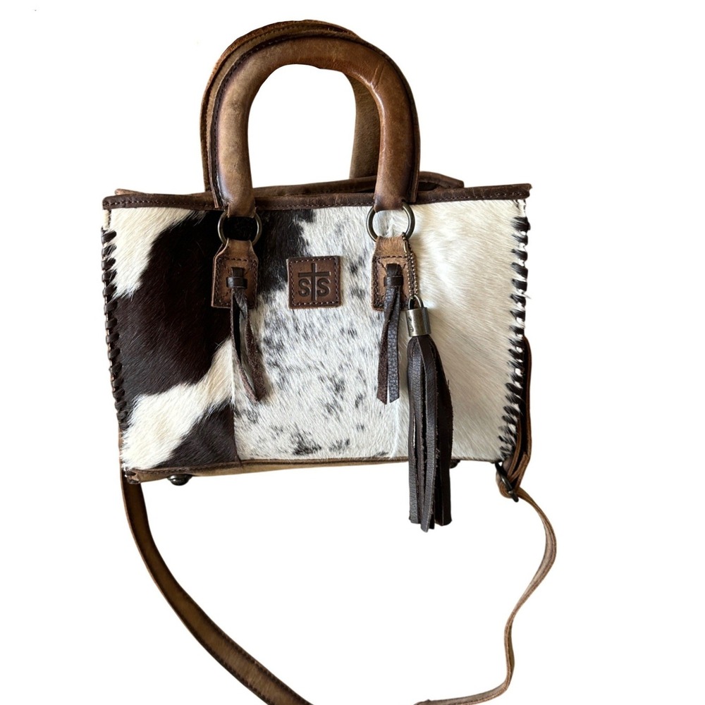 STS Ranchwear Cowhide Leather Satchel Bag Brown White Hair on Hide Crossbody